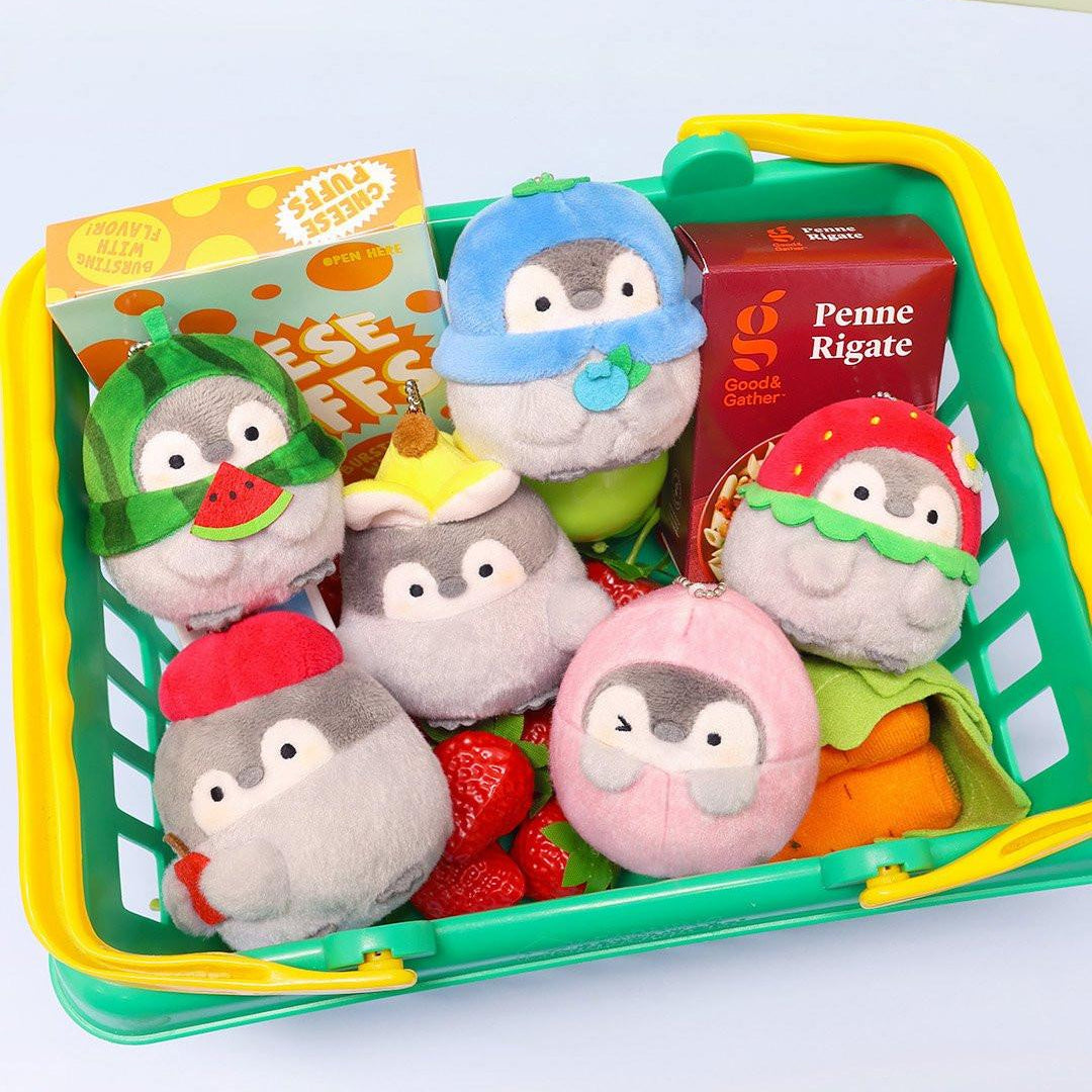 Koupen Chan Plush Keychain Set: Official licensed Koupen Chan plush keychains in a shopping basket, featuring watermelon, strawberry, banana, blueberry and pink peach designs