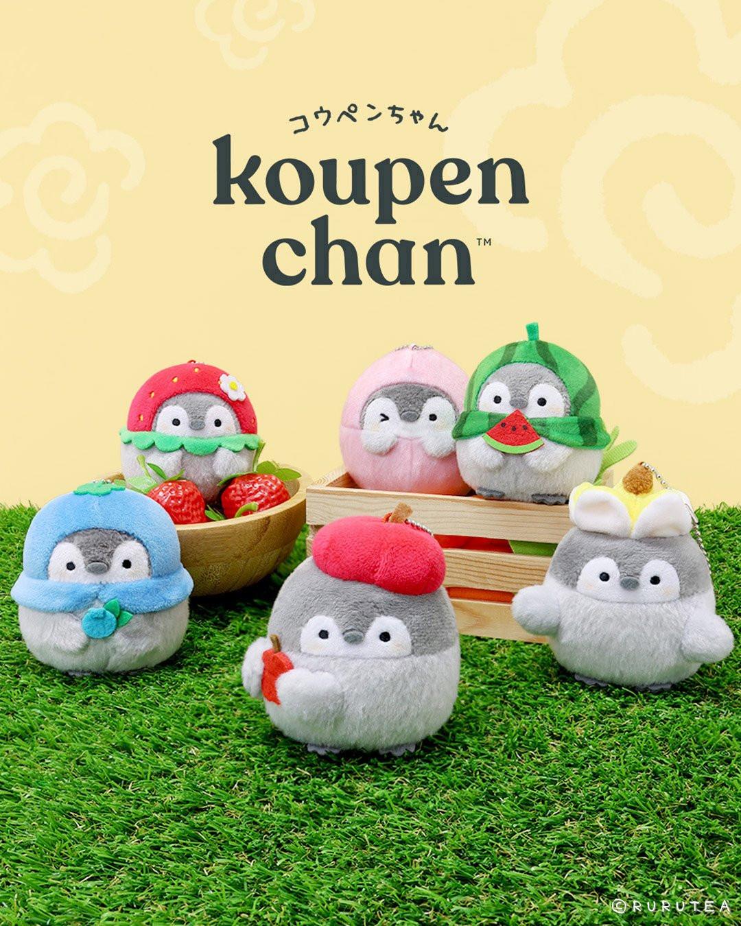 Fruit Themed Penguin Charms: Set of six fruit and food-themed penguin charms (Koupen Chan). Collectible plush keychains for bag decoration