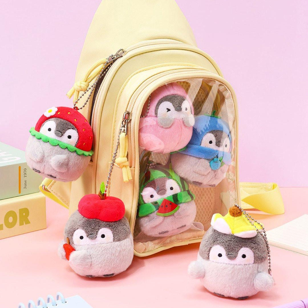 Fruit Themed Penguin Charms: Set of six fruit and food-themed penguin charms (Koupen Chan). Collectible plush keychains for backpack decoration