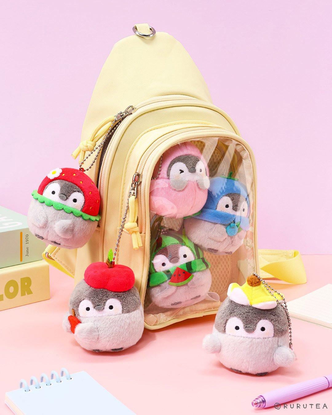 Fruit Themed Penguin Charms: Set of six fruit and food-themed penguin charms (Koupen Chan). Collectible plush keychains for backpack decoration