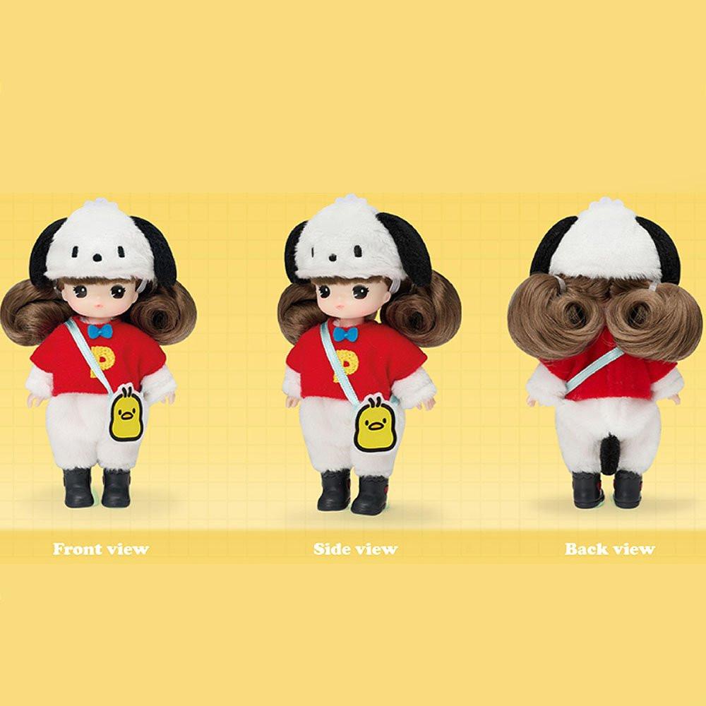 Front, side, and back views of the Officially licensed Sanrio and Little Mimi Collaboration Doll Collection featuring Pochacco doll featuring a mini doll with curly brown hair wearing a fuzzy white Pochacco plush hat with floppy black ears, a red t-shirt with a yellow letter P emblem and blue bow tie over a white fuzzy jumpsuit, and a yellow chick Pi-chan crossbody bag, ideal for adult kidult collectors and doll enthusiasts as a nostalgic rare collectible display piece.