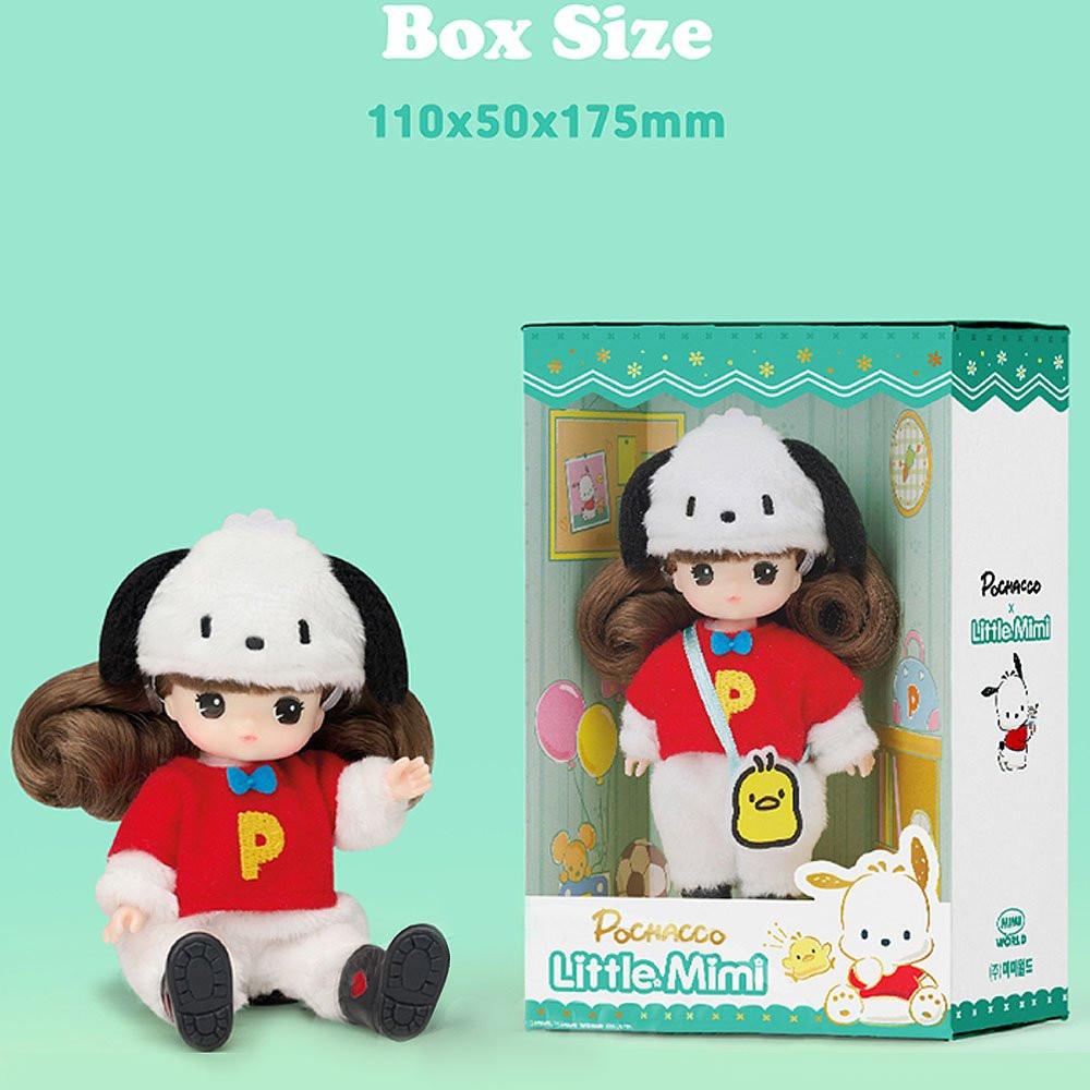 Officially licensed Sanrio and Little Mimi Collaboration Doll Collection featuring Pochacco doll featuring a mini doll with curly brown hair wearing a fuzzy white Pochacco plush hat with floppy black ears, a red t-shirt with a yellow letter P emblem and blue bow tie over a white fuzzy jumpsuit, and a yellow chick Pi-chan crossbody bag. Detailed box size measurement for the Official Little Mimi x Pochacco collectible doll; featuring 110x50x175mm dimensions in premium window box packaging.