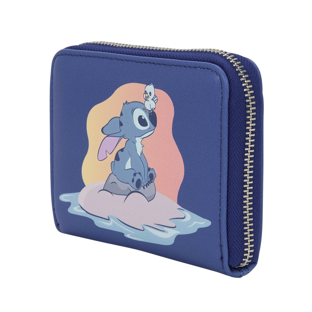 Officially licensed Disney Lilo & Stitch zip-around wallet in navy blue featuring a graphic of Stitch and a small bird sitting on a tropical island