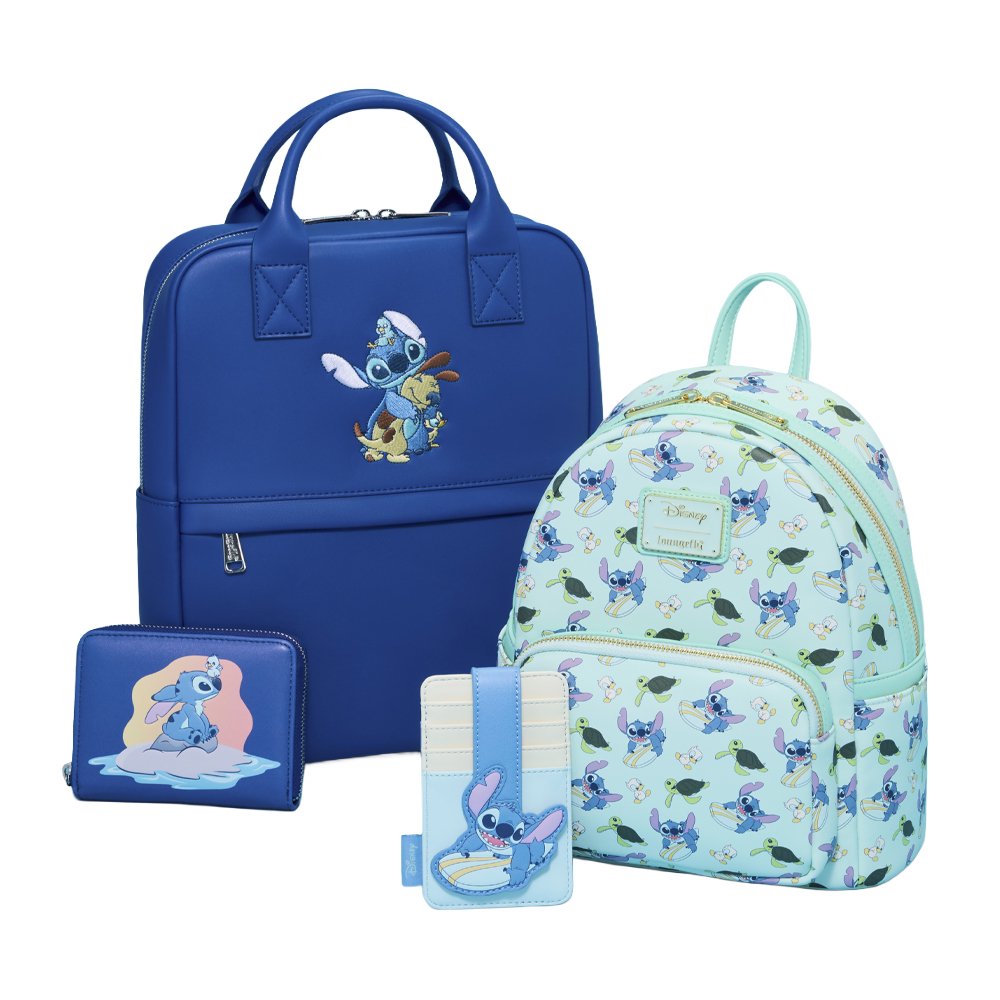 Officially licensed Disney Lilo & Stitch zip-around wallet in navy blue featuring a graphic of Stitch and a small bird sitting on a tropical island