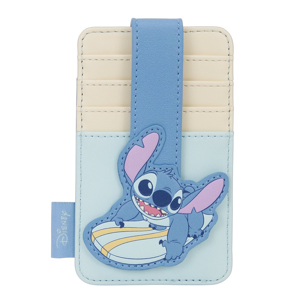 Officially licensed Disney Lilo & Stitch surfing faux leather card case featuring a light blue and cream color block design with a secure snap strap