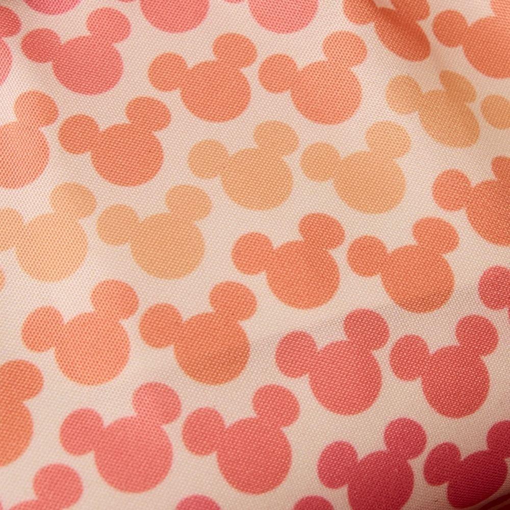 Official Disney Loungefly mini backpack and crossbody bag in an orange-to-yellow ombré sunset gradient, featuring sequined Mickey Mouse ears, a glittery front pocket, and a gold-tone Disney Loungefly metal logo plate.