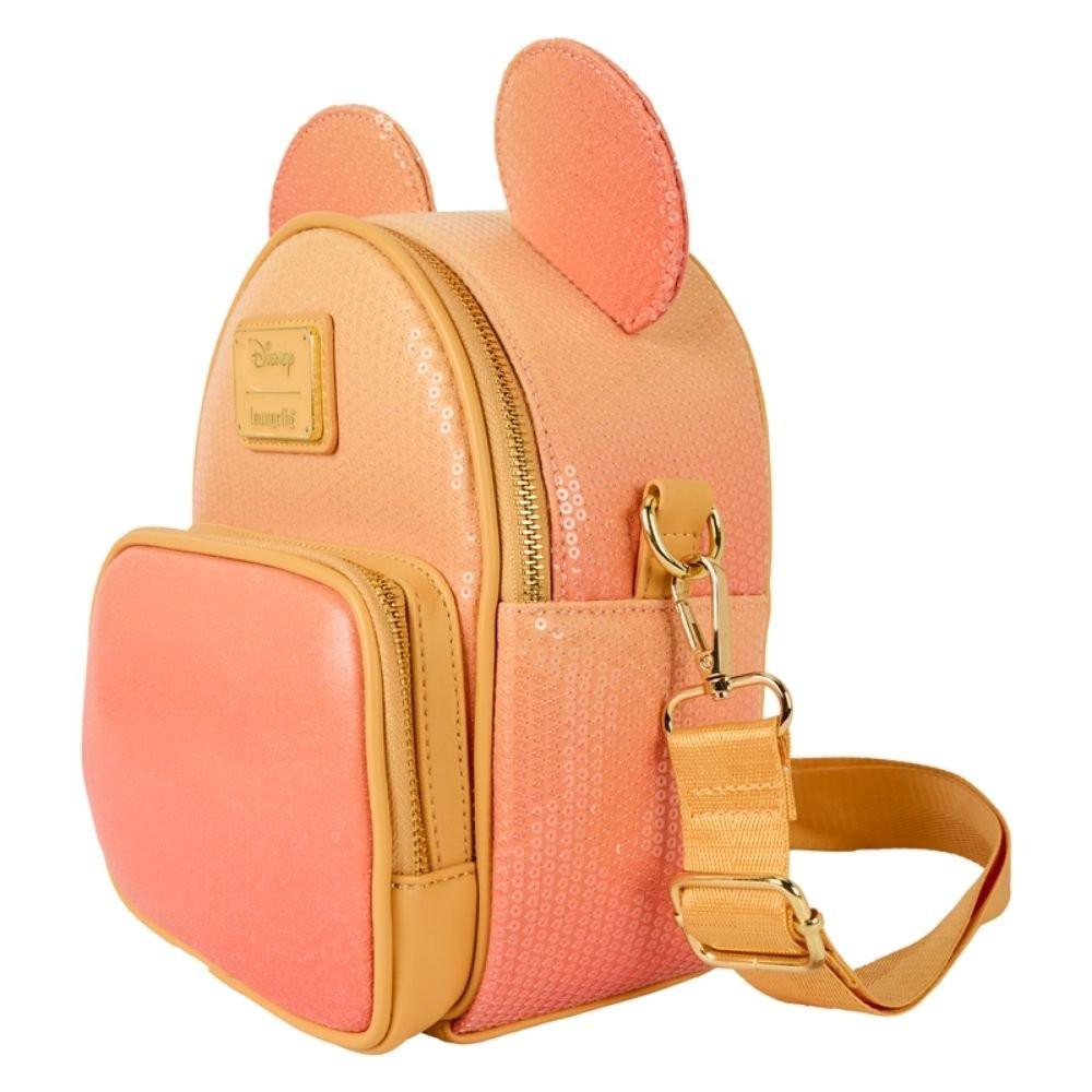 Official Disney Loungefly mini backpack and crossbody bag in an orange-to-yellow ombré sunset gradient, featuring sequined Mickey Mouse ears, a glittery front pocket, and a gold-tone Disney Loungefly metal logo plate.