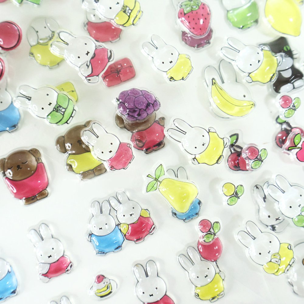 Four colorful sheets of officially licensed Miffy crystal stickers in yellow, white, pink, and blue. The 3D-raised glossy stickers feature Miffy, her friends, animals, and cute icons.