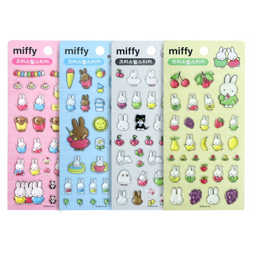 Four colorful sheets of officially licensed Miffy crystal stickers in yellow, white, pink, and blue. The 3D-raised glossy stickers feature Miffy, her friends, animals, and cute icons.