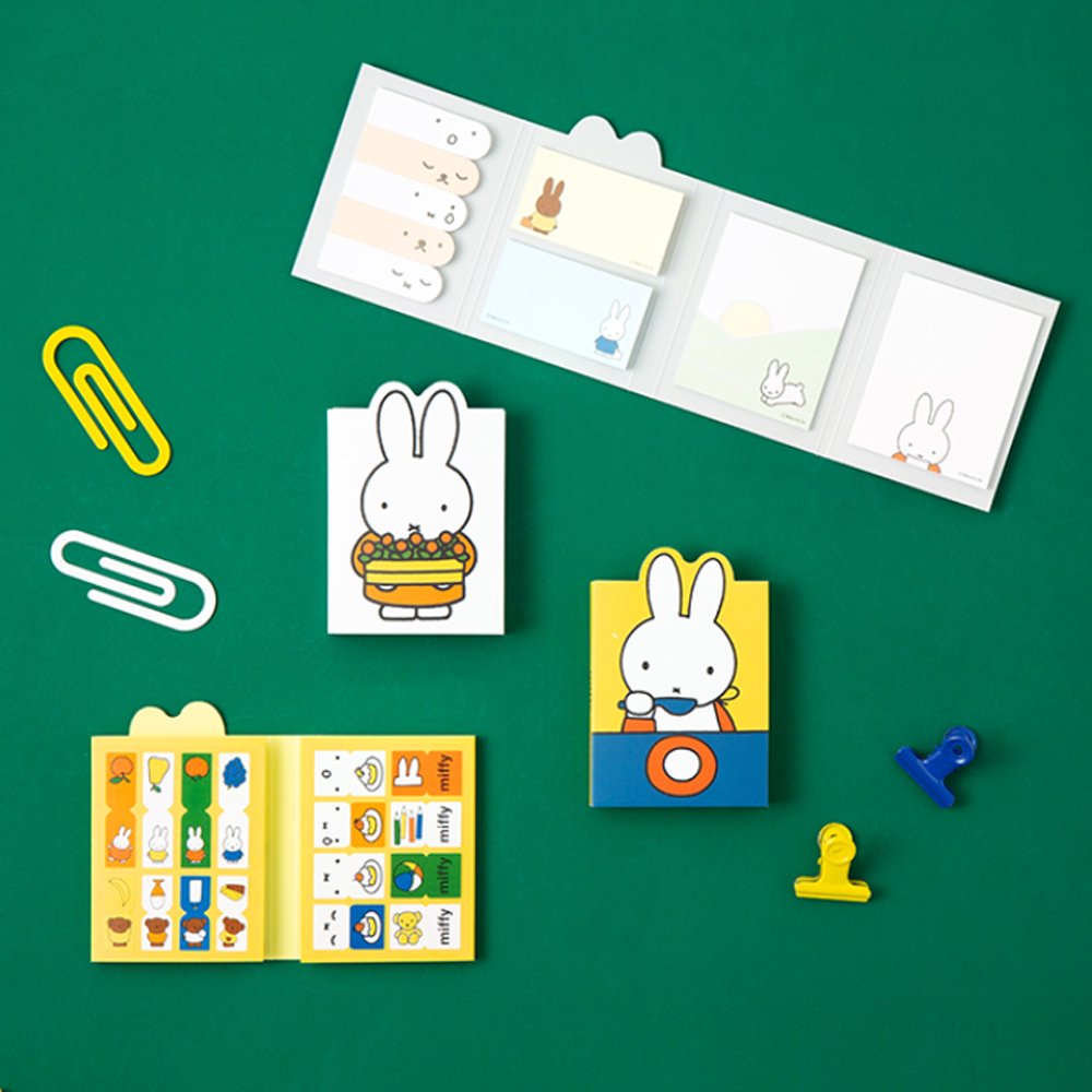 Officially licensed Miffy sticky note booklets featuring different covers—one showing Miffy holding a tray of orange flowers on a white background, and the other showing Miffy eating with a blue spoon on a yellow background