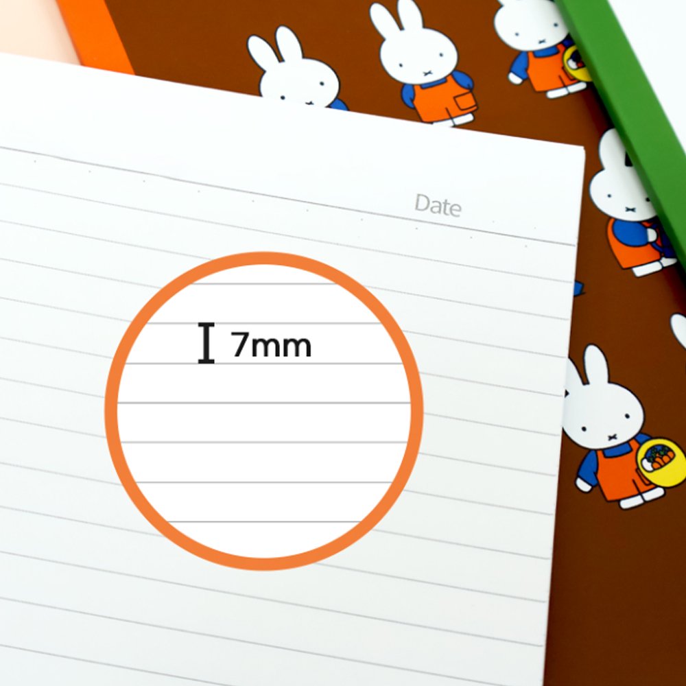 An officially licensed collection of colorful Miffy lined notebooks featuring illustrated covers and a close-up of lined inner pages with a small Miffy illustration printed at the bottom corner.