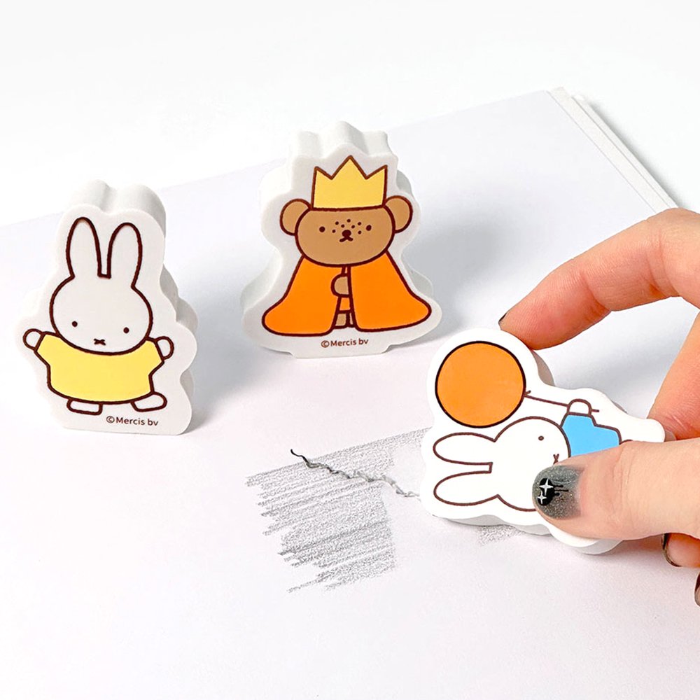 A set of four officially licensed Miffy and Friends shaped erasers standing. The set includes Miffy in yellow and blue outfits, one holding a balloon, and Boris Bear wearing a crown and orange cape.