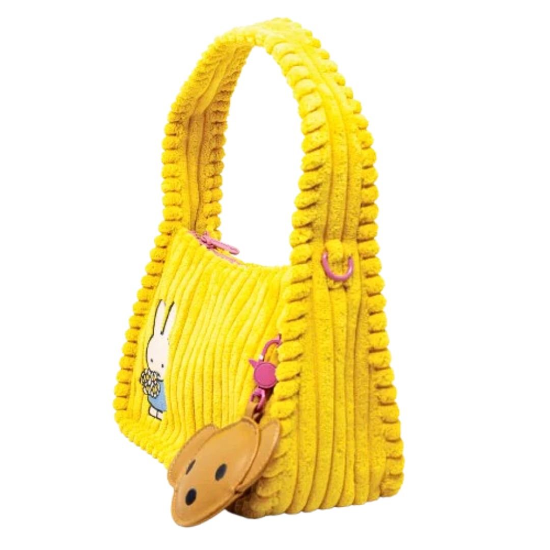 Officially Licensed Yellow Corduroy Miffy Shoulder Bag with strap and top handle.