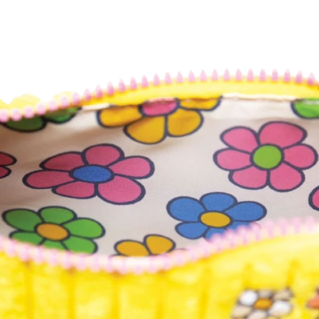 Officially Licensed Yellow Corduroy Miffy Shoulder Bag with strap and top handle has Colorful Retro Floral Print Lining