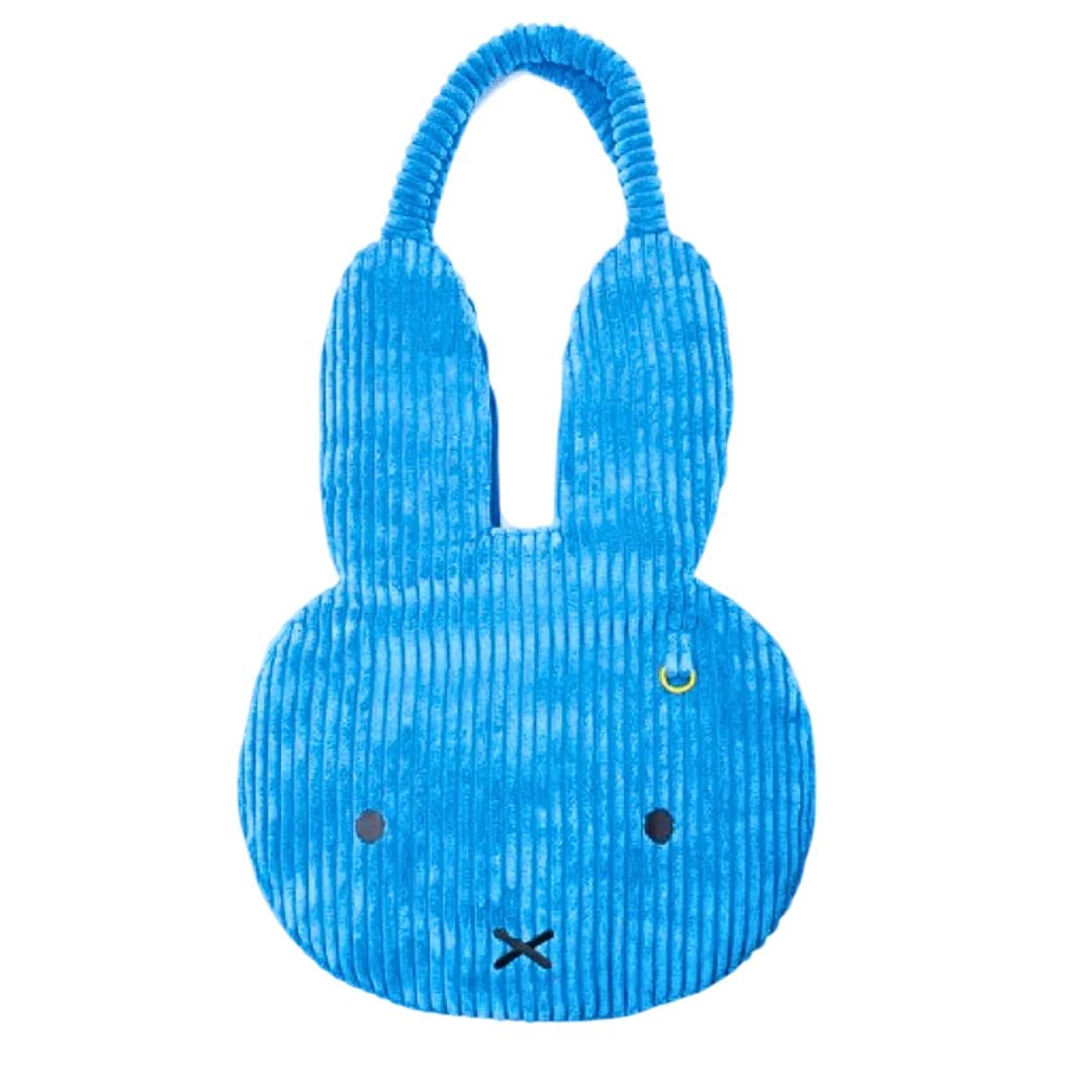 Officially licensed Miffy large Tote bag, shown against a white background. The bag is blue, corduroy Miffy bunny-shaped shoulder bag, featuring Miffy's iconic minimalist face.