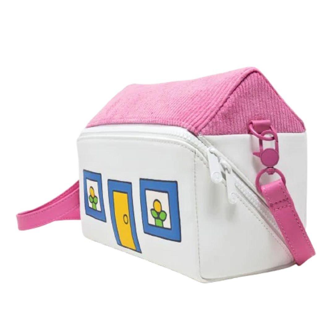 Officially licensed Miffy House-shaped cross-body bag . The bottom PU leather section features a printed or debossed graphic of Miffy' house. The top section is pink corduroy, resembling a roof.