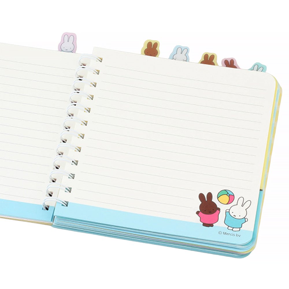 Officially licensed Miffy spiral notebooks in pink and blue, featuring die-cut character tabs of Miffy and friends along the top edge and white spiral binding.