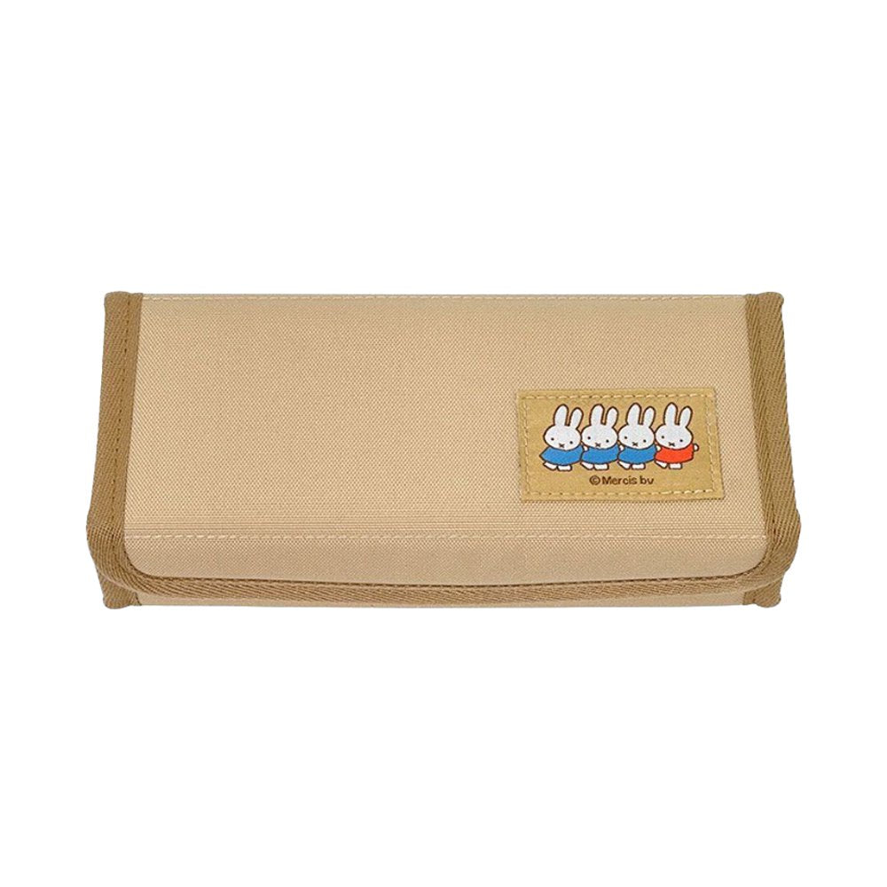 An officially licensed Miffy magnetic pencil case in beige and grey, featuring a colorful embroidered patch of Miffy characters on the front cover.