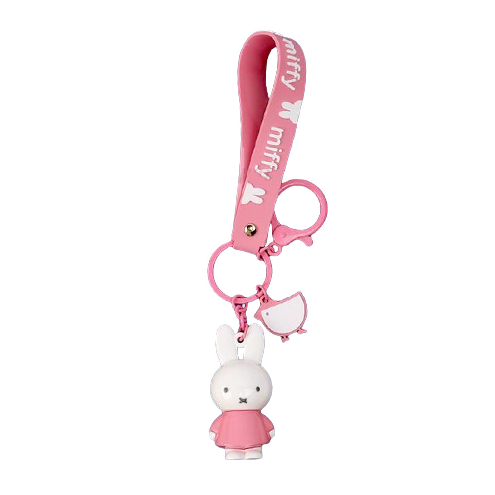 Miffy character keychain in pastel pink, featuring 3D Miffy figures with matching silicone wrist straps and lobster clasps.