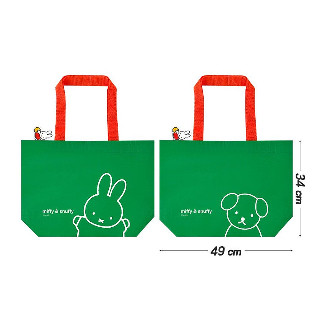 Officially licensed Miffy & Snuffy Reusable Shopping Bags Made from durable, wipeable tarpaulin material. Green shopping back with Front Miffy and Back Snuffy's graphic.