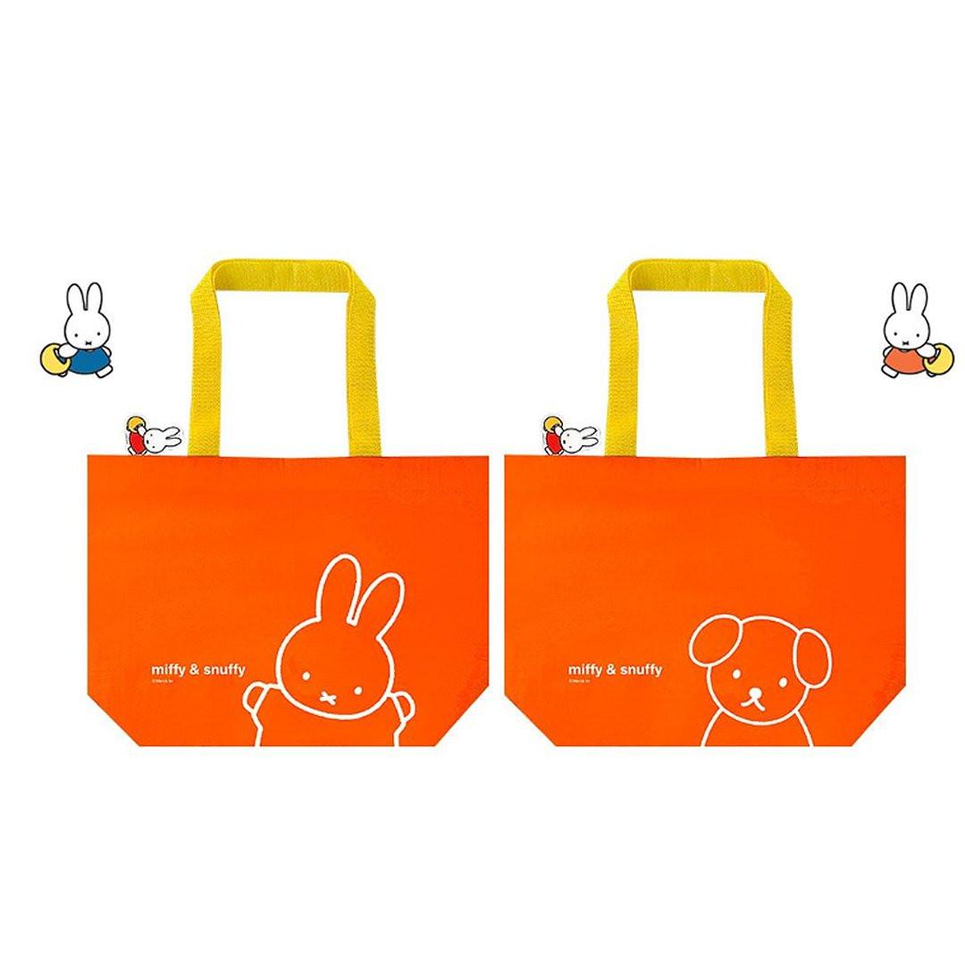 Officially licensed Miffy & Snuffy Reusable Shopping Bags Made from durable, wipeable tarpaulin material. Orange shopping back with Front Miffy and Back Snuffy's graphic.