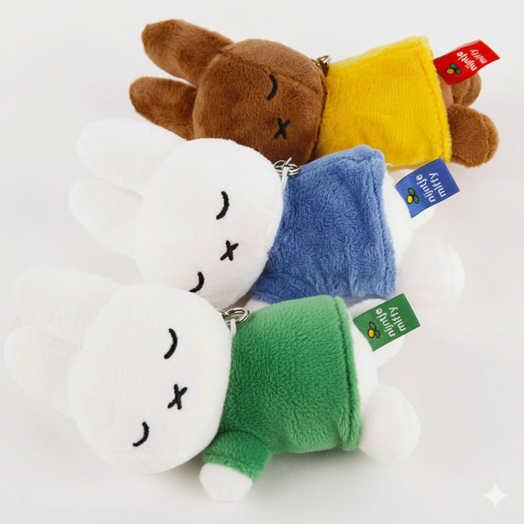 Set of three officially licensed Miffy plush sleeping keychains. The soft, flat dolls include two white Miffy plush (wearing green and blue tops) and one brown Miffy plush (wearing a yellow top), all with embroidered closed eyes and an 'X' mouth. Ideal collectible bag charms or backpack zipper pulls.