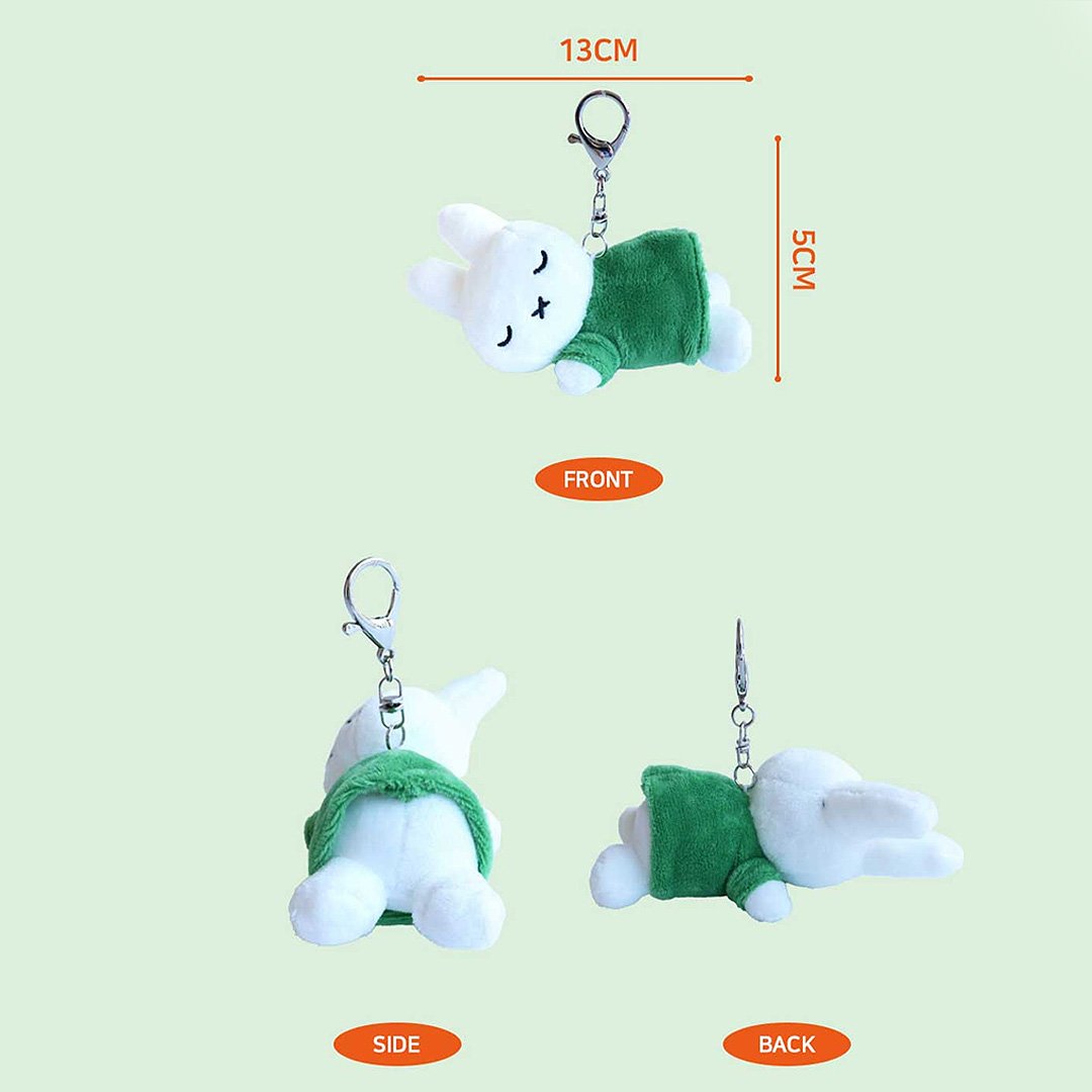 Miffy sleeping Plush keychain with measurements on a light green background
