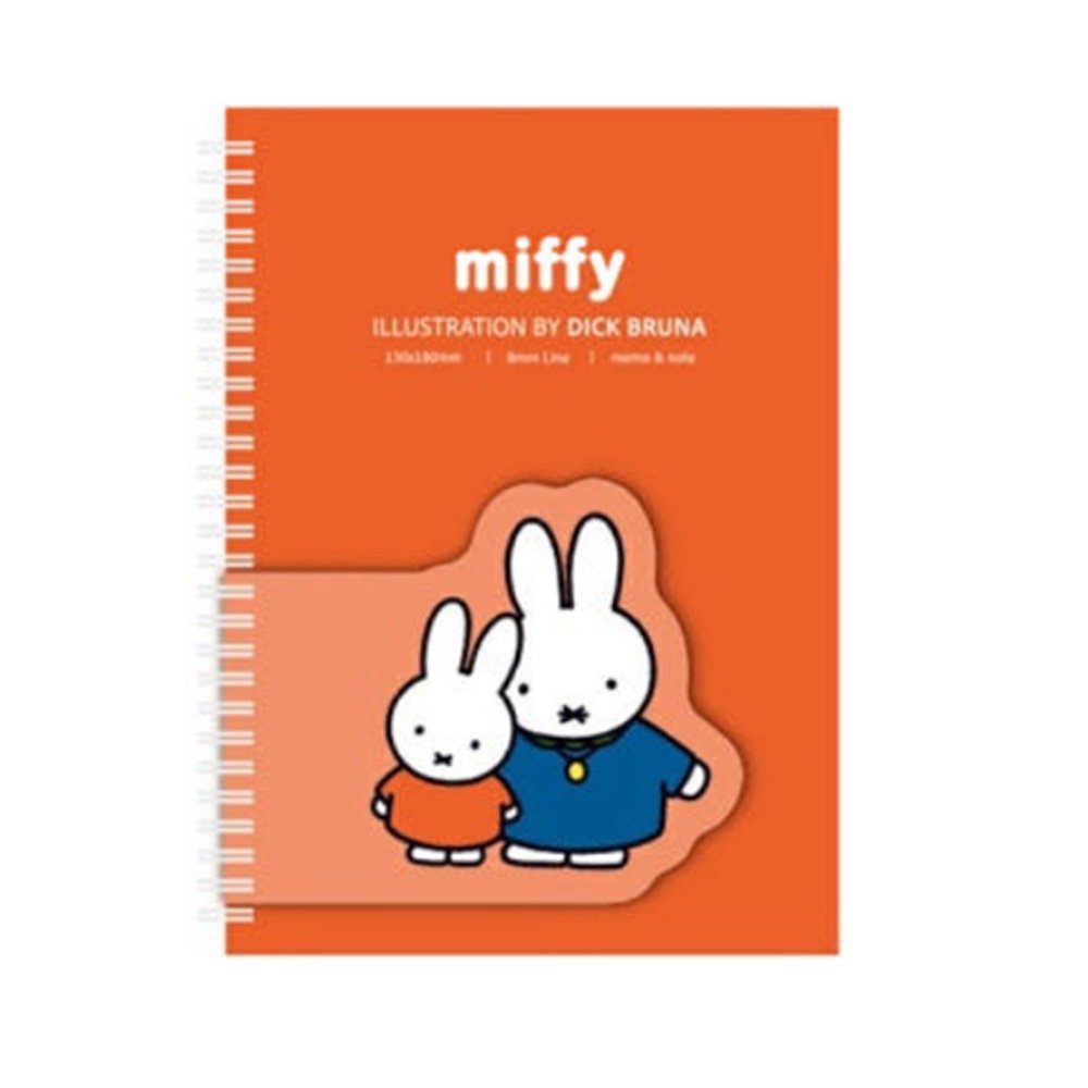 Four colorful spiral notebooks in pink, green, yellow, and orange, each featuring an officially licensed Miffy memo pad attached to the front cover.