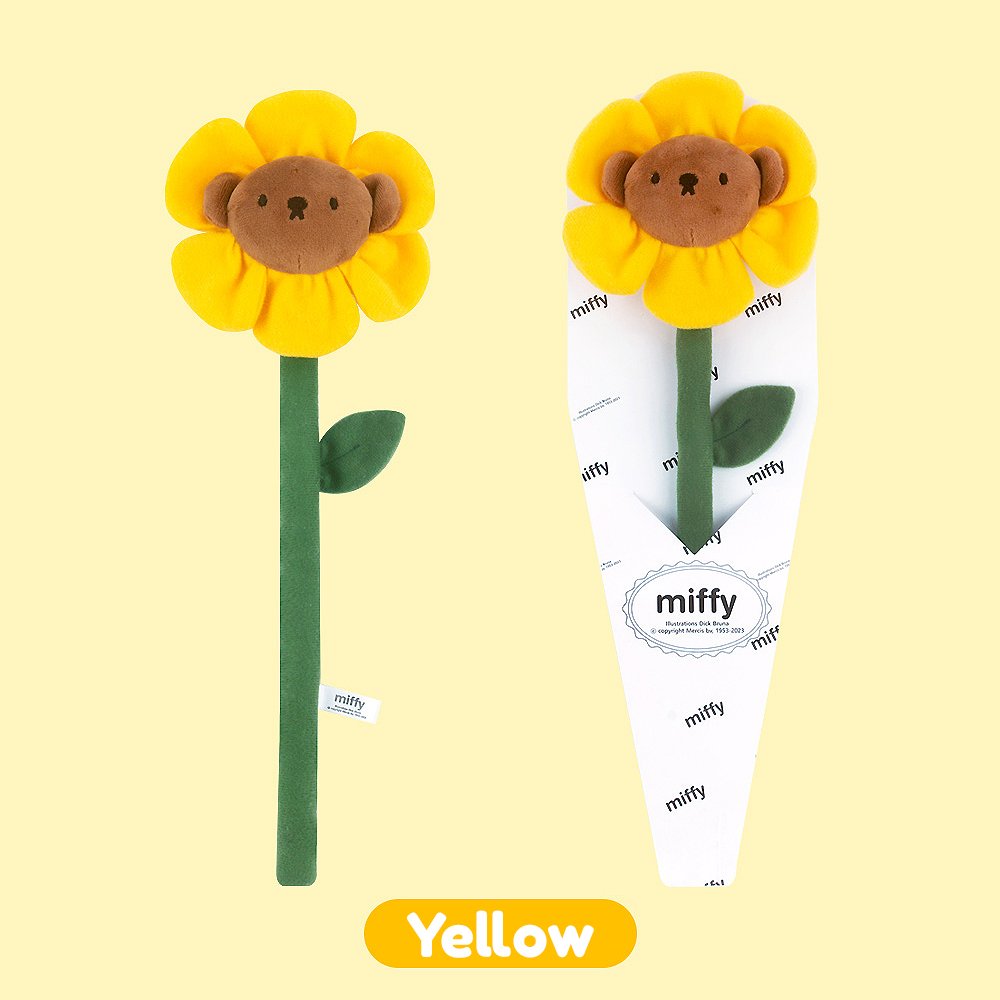 A collection of Miffy Friends Boris Flower Plush stuffed animals in various colors, each designed to look like a flower with animal faces in the center.