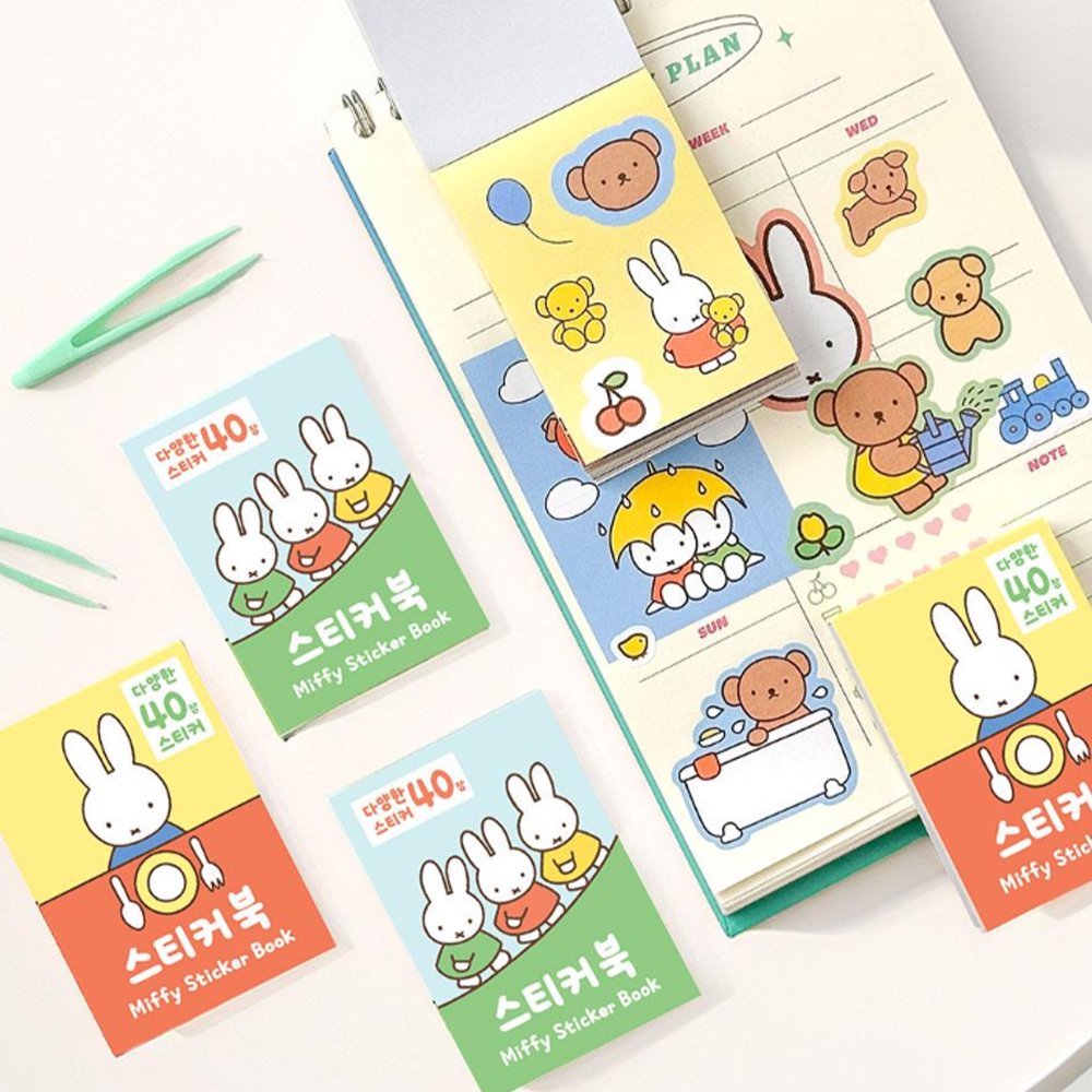 Officially licensed mini Miffy sticker books and peel-off character stickers featuring Miffy, Boris Bear, and Snuffy