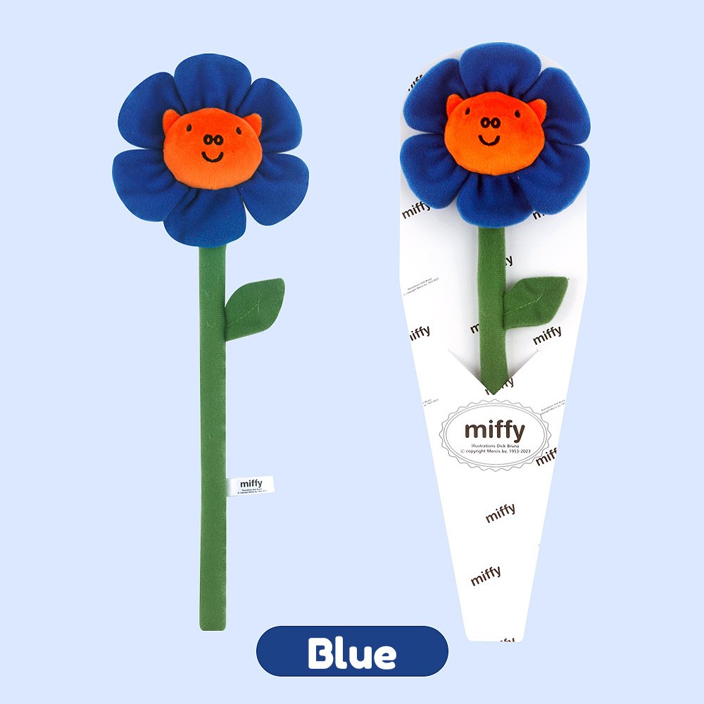 A collection of Miffy Friends Poppy_Pig Flower Plush stuffed animals in various colors, each designed to look like a flower with animal faces in the center.