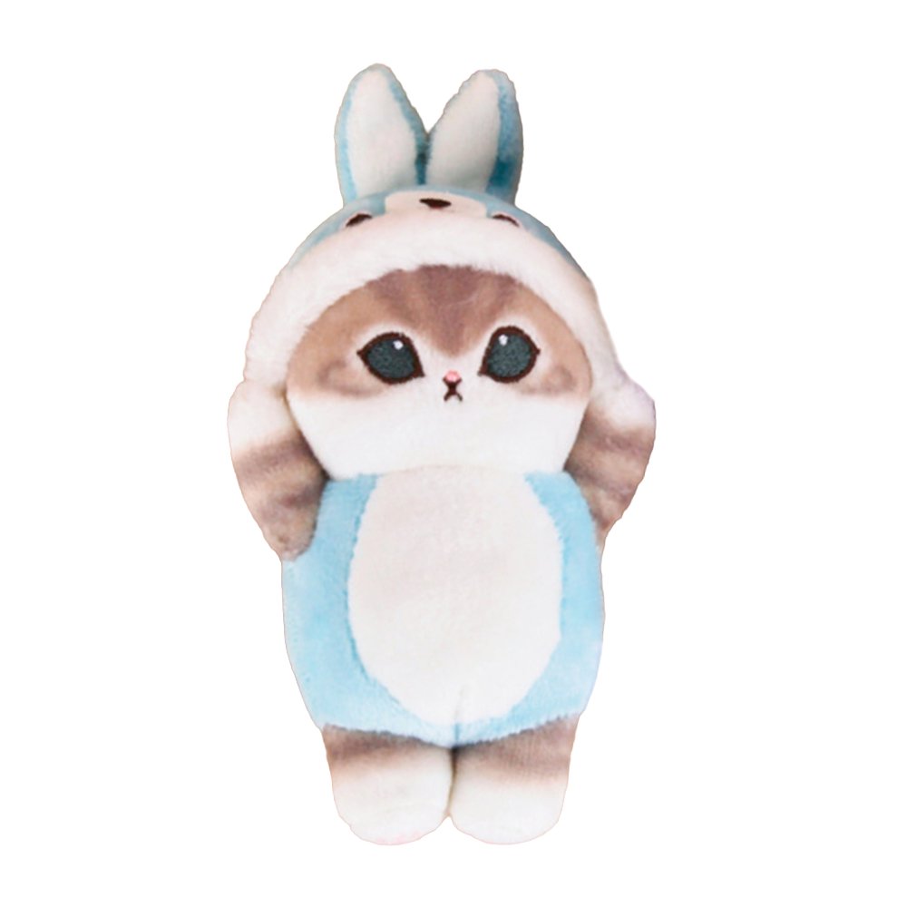 An officially licensed Mofusand plush cat keychain featuring a grey cat with big green eyes wearing a light blue animal hood.