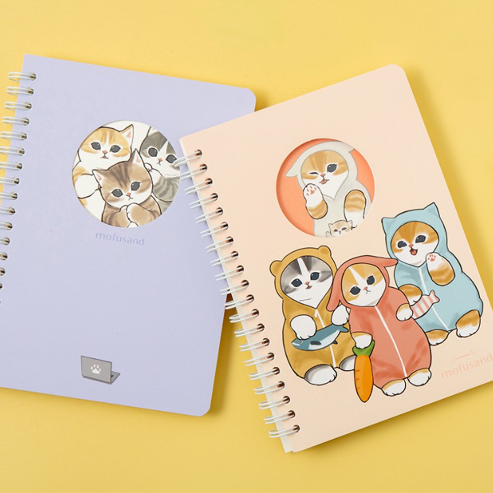 Officially licensed Mofusand spiral notebooks with die-cut peek-a-boo window covers displaying adorable kitten art