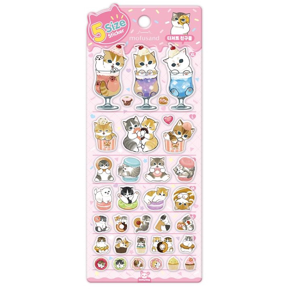 A sheet of officially licensed Mofusand stickers featuring various cats combined with desserts like parfaits, donuts, and macarons, organized by size from XL at the top to small at the bottom