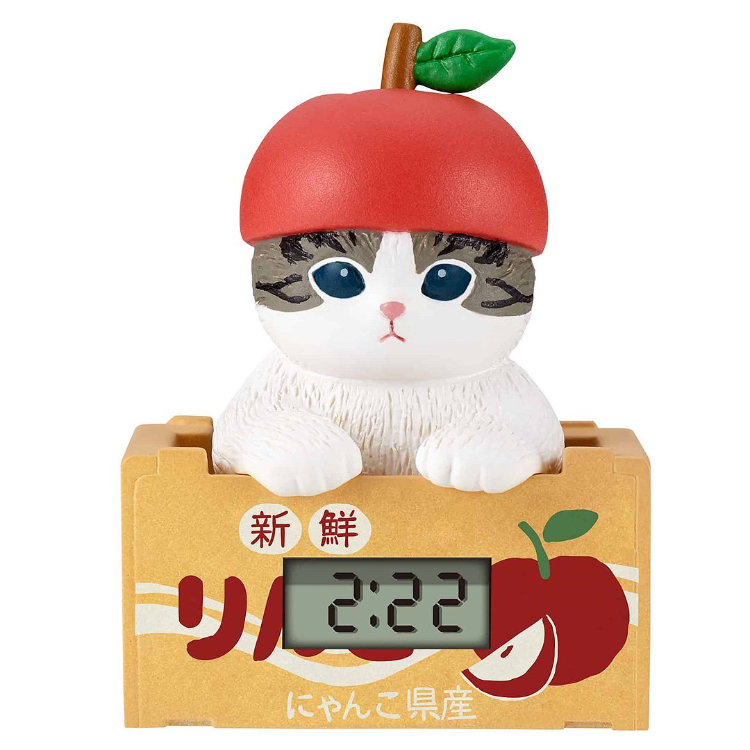 Mofusand blind box miniature clock, a collectible cat figure in a apple costume, ideal for kawaii Japanese stationery and desk accessories.