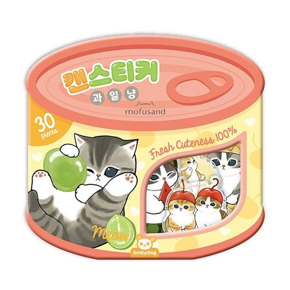 An officially licensed Mofusand sticker set in an orange and yellow tin shaped like a cat food can. The label features a kitten playing with a green grape and a window showing several fruit-themed cat stickers inside.