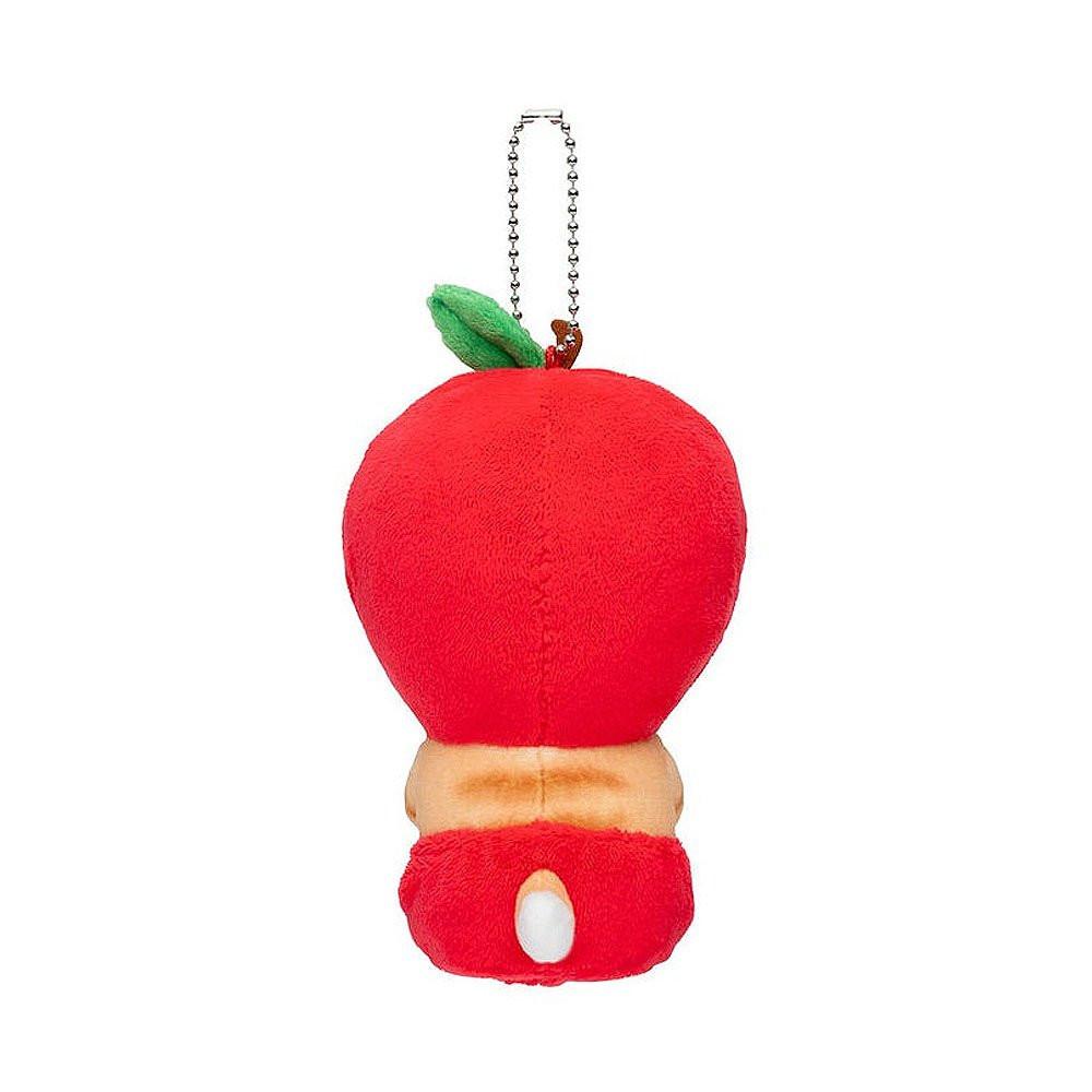 An adorable mofusand apple cat plush keychain featuring a ginger tabby kitten wearing a bright red fruit costume with a green leaf detail and a silver ball chain