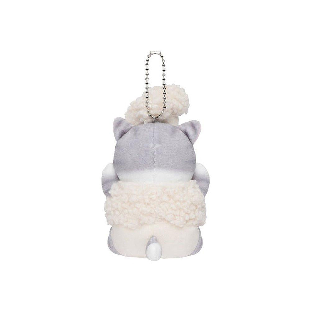 An adorable mofusand cauliflower cat plush keychain featuring a grey tabby kitten in a textured, fluffy white vegetable costume with a silver ball chain