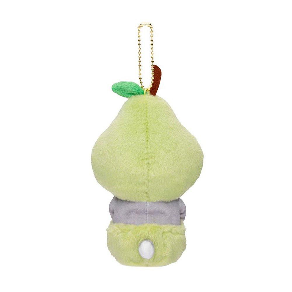 An adorable mofusand pear cat plush keychain featuring a grey tabby kitten wearing a fuzzy light green fruit costume with a brown stem and leaf detail