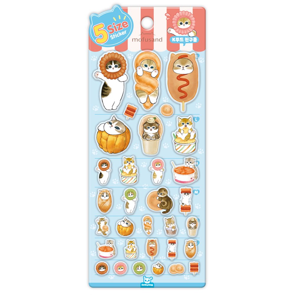 A sheet of officially licensed Mofusand stickers featuring various cats combined with Korean street foods like corn dogs and tteokbokki, organized by size from XL at the top to small at the bottom