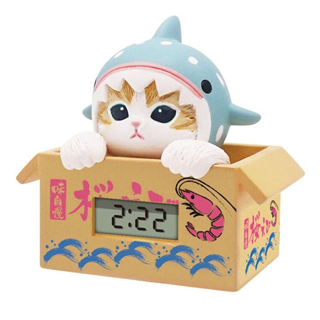 Official mofusand licensed digital clocks, a collectible blind box series of cute cat figures in whale shark themed costumes, ideal for kawaii desk decor