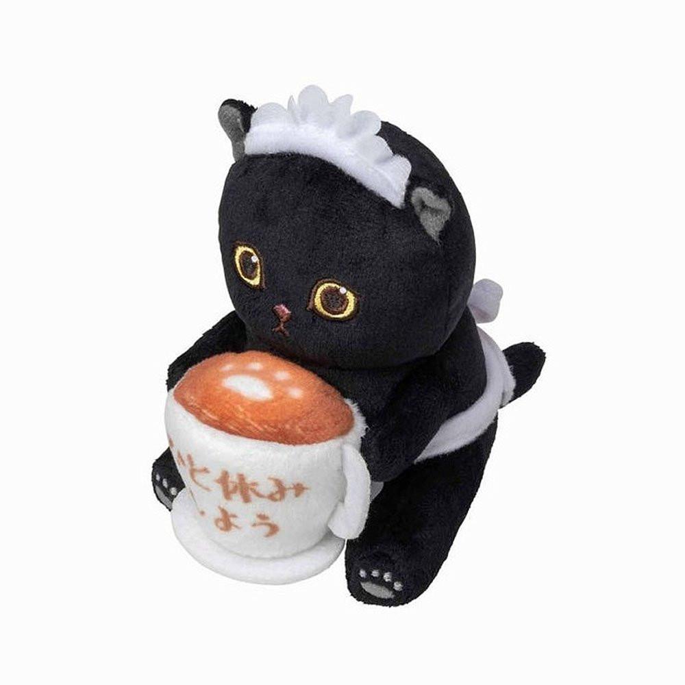 An adorable Mofusand black cat plush dressed in a white maid's headband and holding a large coffee cup with Japanese text that reads "Let's take a break."