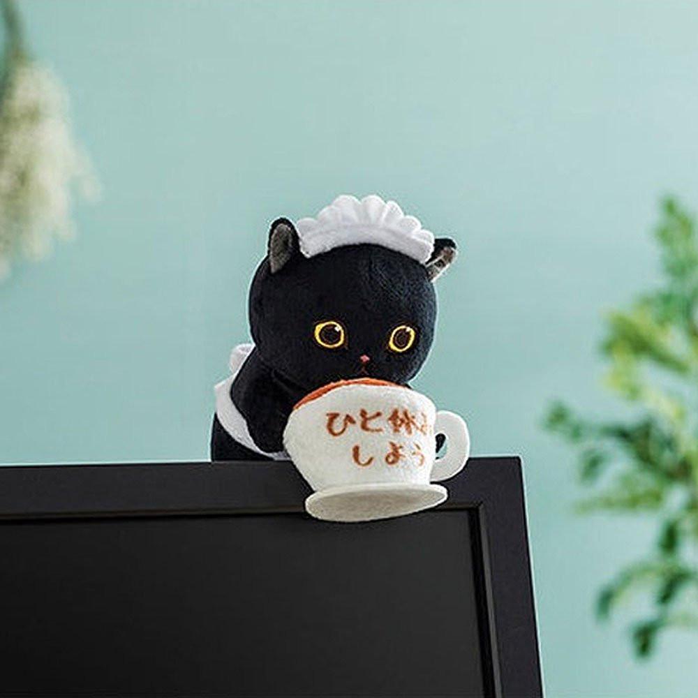 An adorable Mofusand black cat plush dressed in a white maid's headband and holding a large coffee cup with Japanese text that reads "Let's take a break."