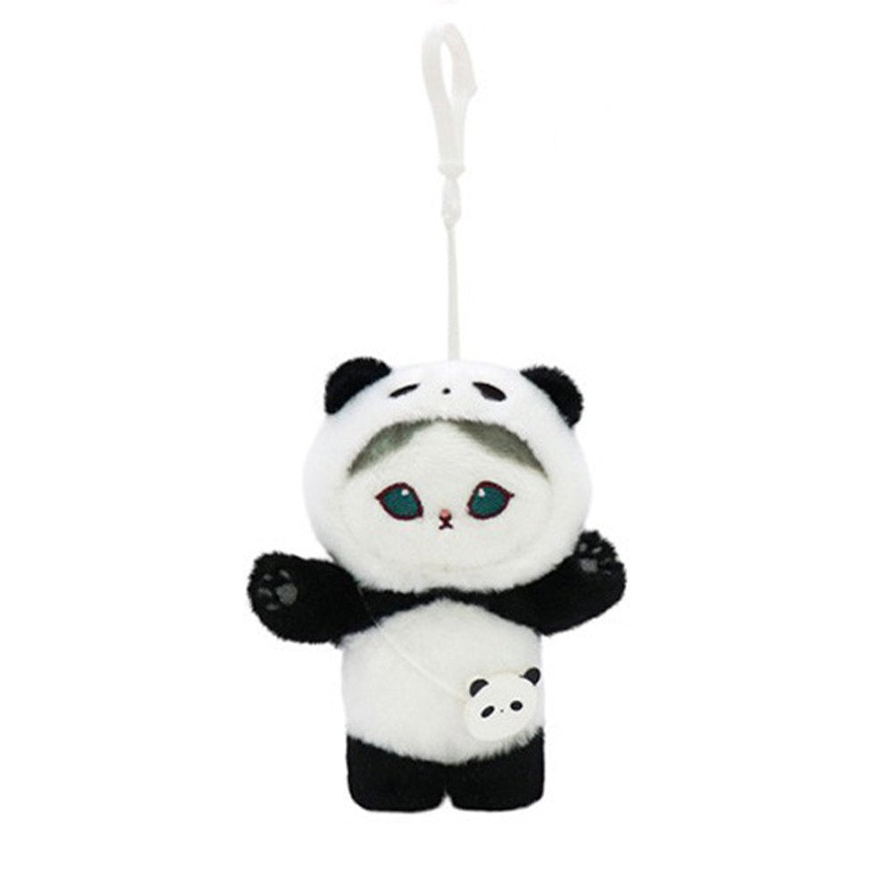 Officially licensed Mofusand plush keychain featuring a cute tabby cat wearing a fluffy panda hoodie and a small panda-shaped crossbody bag. Easy to attach to keys, totes, pants or backpacks with a clip-on chain.