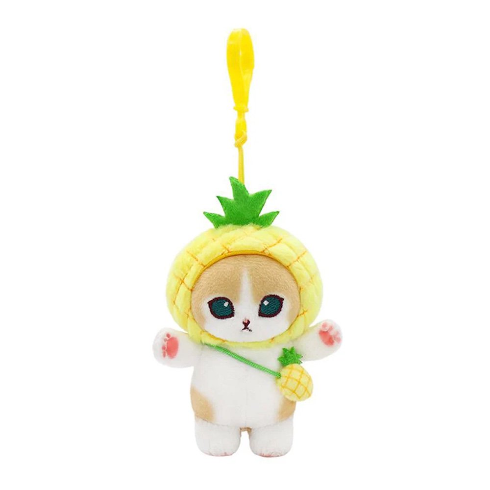 Officially licensed mofusand plush keychain featuring a yellow tabby cat wearing a pineapple hood and a pineapple bag.