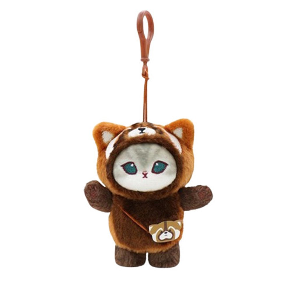 Officially licensed Mofusand plush keychain featuring a cute tabby cat wearing a fluffy brown red panda hoodie and a small red panda-shaped crossbody bag. Easy to attach to keys, totes, pants or backpacks with a clip-on chain.