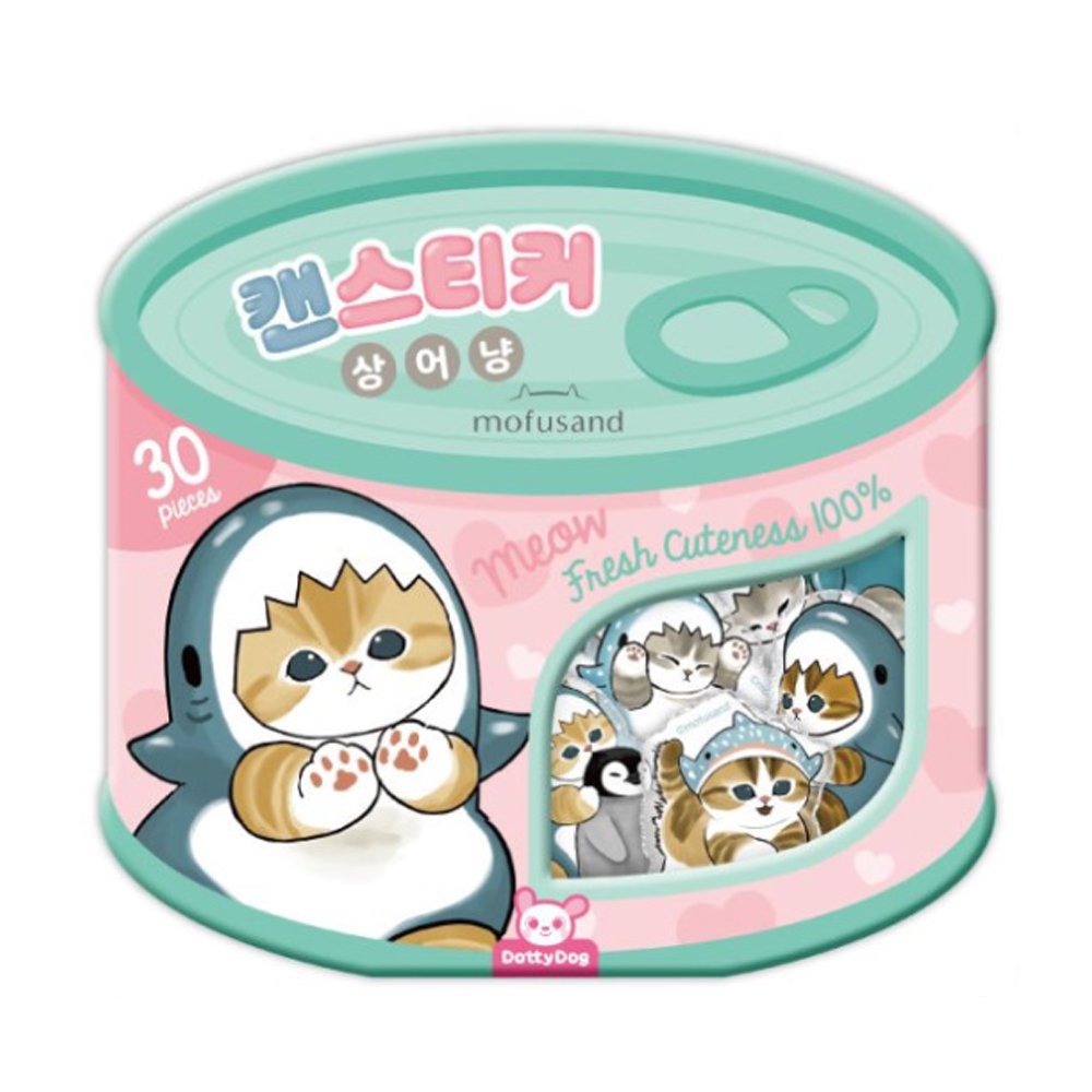 An officially licensed Mofusand sticker set packaged in a pink and teal tin designed to look like a cat food can. A clear window on the front reveals several die-cut stickers of cats in shark costumes, with "30 pieces" and "Fresh Cuteness 100%" printed on the label.