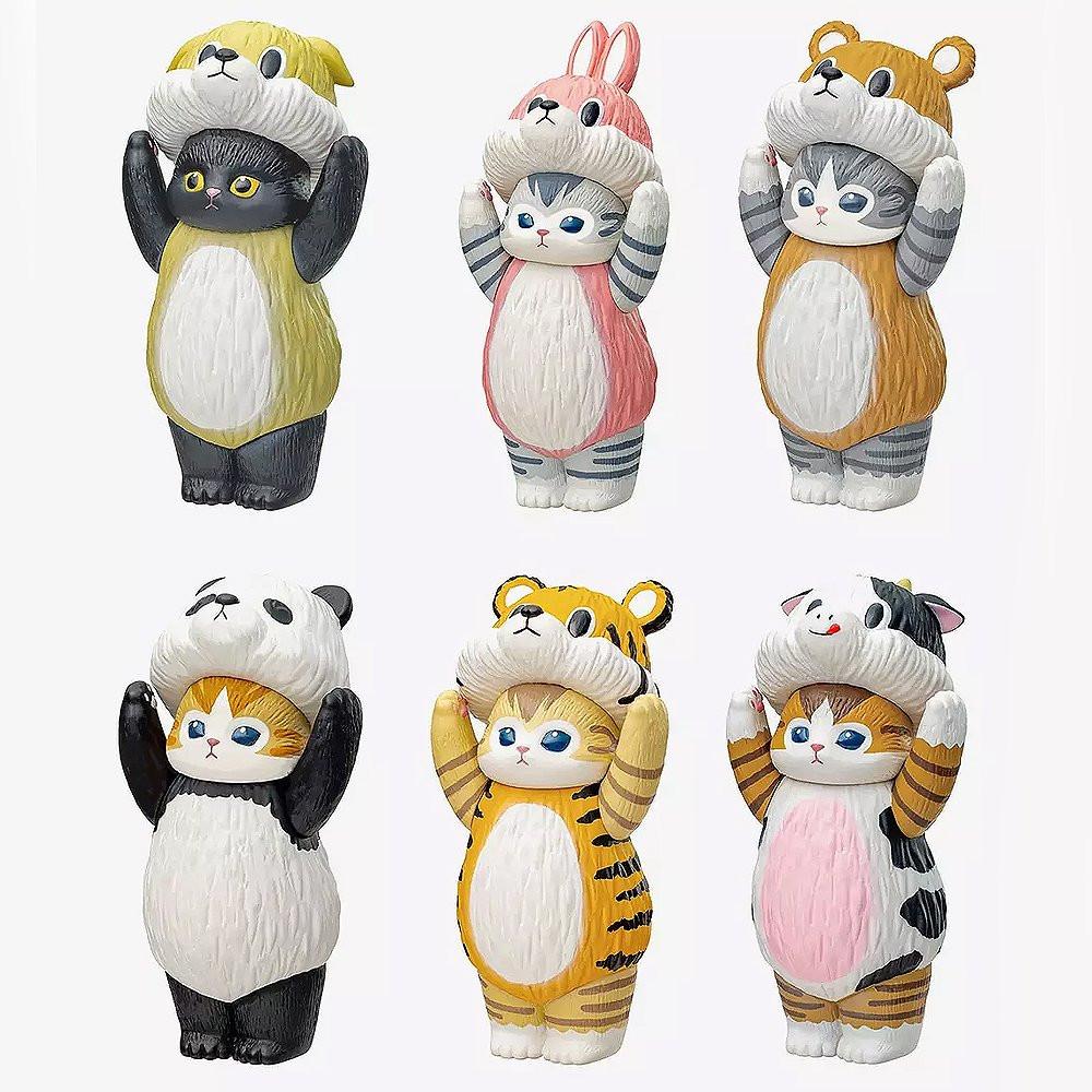 A set of six mofusand collectible cat figurines featuring kittens dressed in adorable animal suits including a panda, cow, tiger, rabbit, bear, and dog.