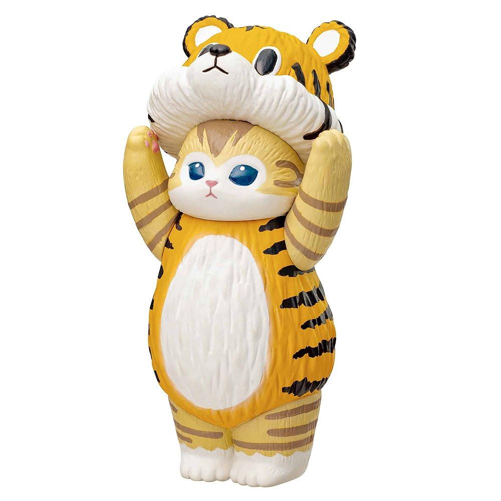 A set of six mofusand collectible cat figurines featuring kittens dressed in adorable animal suits including a panda, cow, tiger, rabbit, bear, and dog.