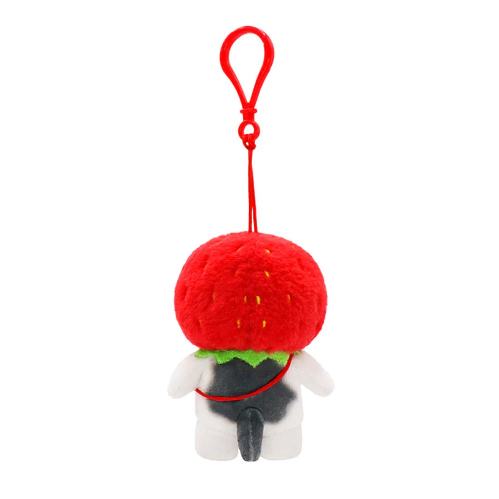Officially licensed mofusand plush keychain featuring a white cat wearing a red strawberry hood and a tiny strawberry crossbody bag.